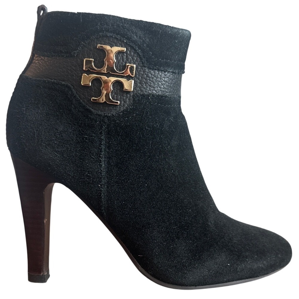 Tory Burch Bristol 85mm Black Suede Gold Logo Ankle Booties 7.5